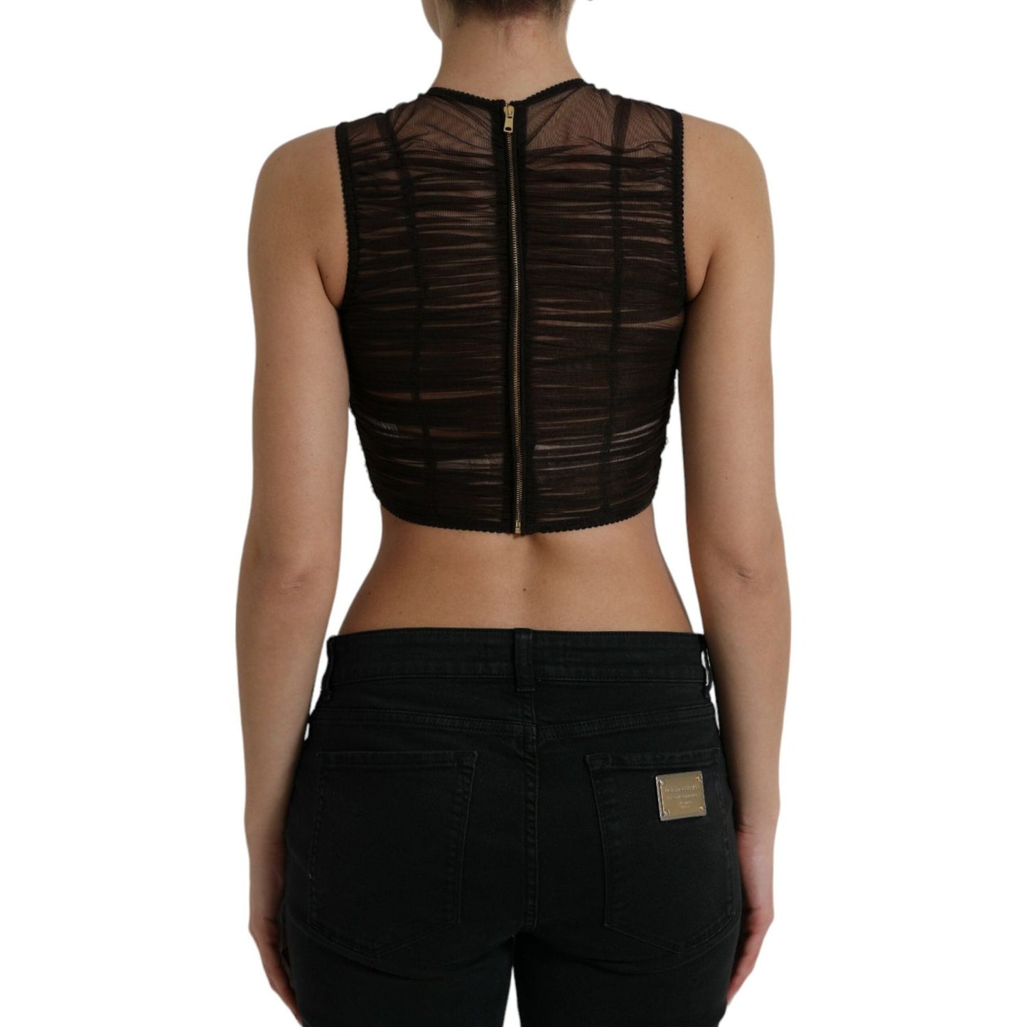 Dolce & Gabbana Embellished Cropped Sleeveless Top brown-embellished-nylon-stretch-cropped-top