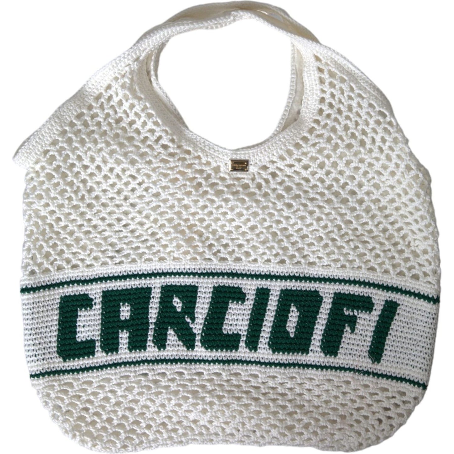 White Green Knitted Cotton Logo Shopping Tote Bag