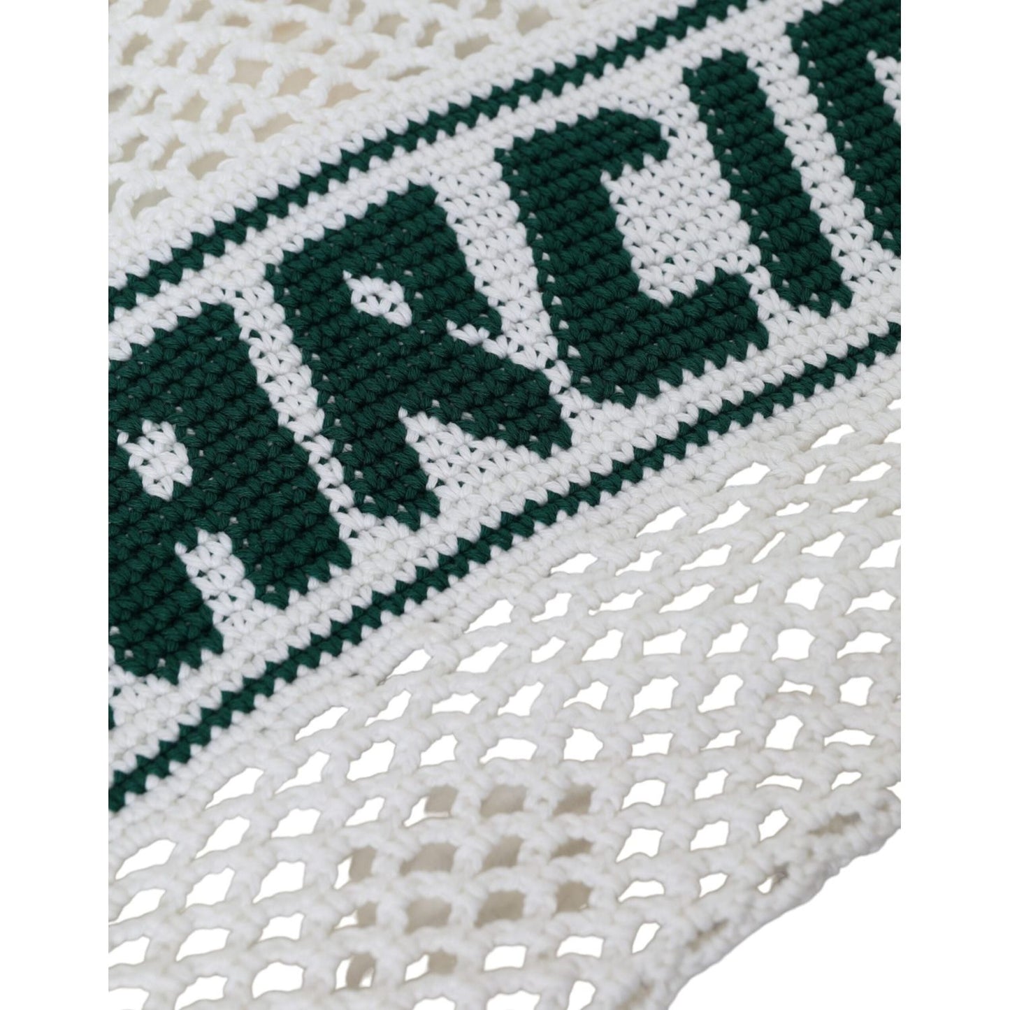 White Green Knitted Cotton Logo Shopping Tote Bag
