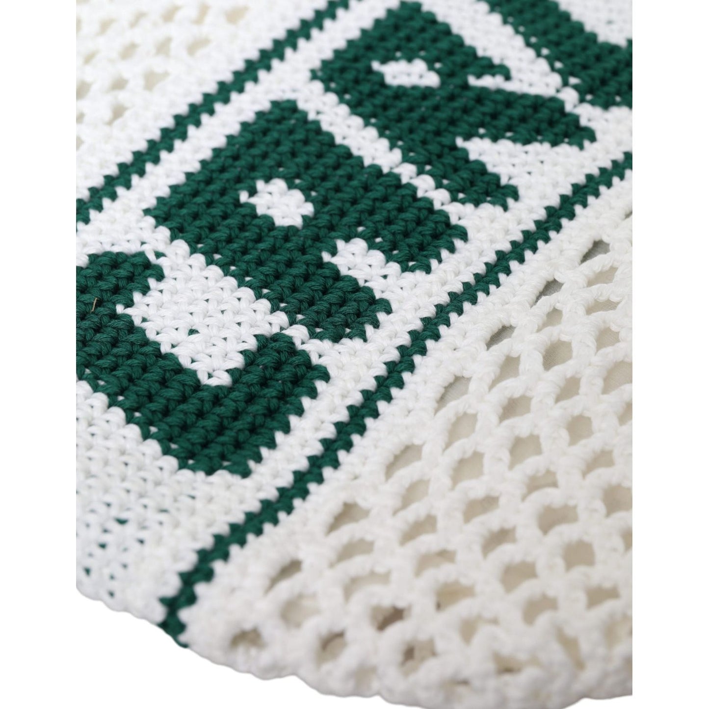 White Green Knitted Cotton Logo Shopping Tote Bag