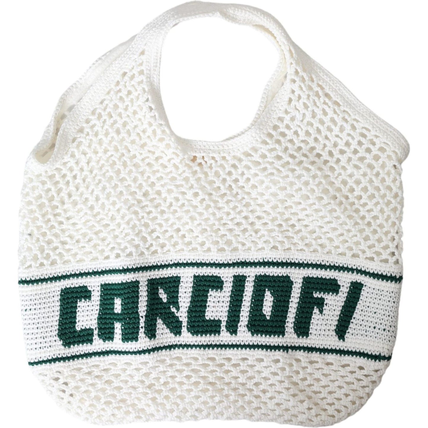 White Green Knitted Cotton Logo Shopping Tote Bag