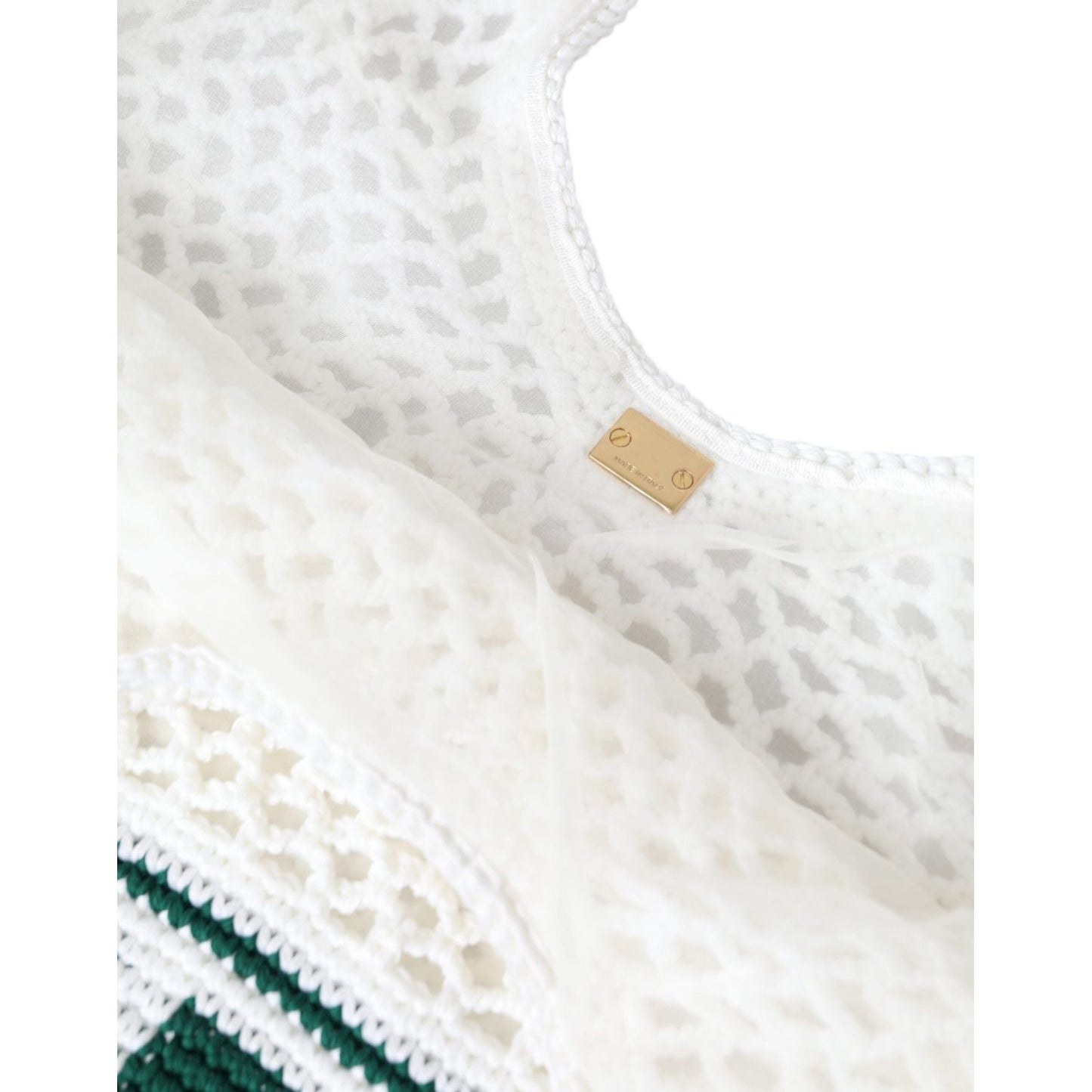White Green Knitted Cotton Logo Shopping Tote Bag