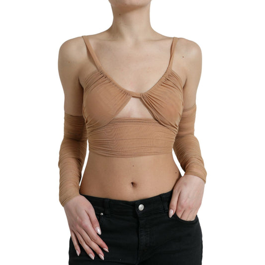 Dolce & Gabbana Elegant Brown Cropped Long Sleeve Top brown-nylon-stretch-open-shoulder-cropped-top