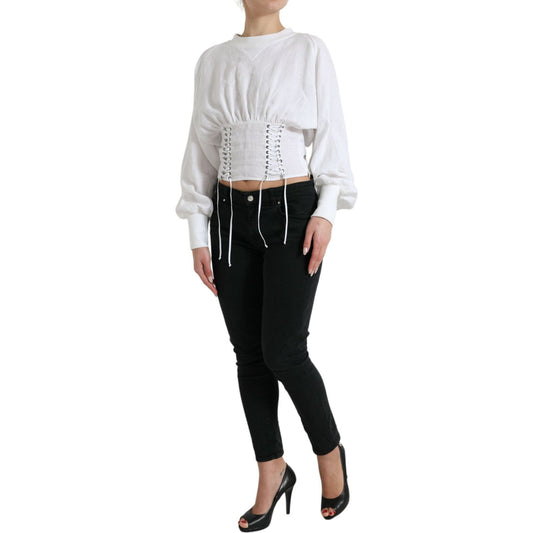 Dolce & Gabbana | Elegant White Lace-Up Corset Cropped Top| McRichard Designer Brands   