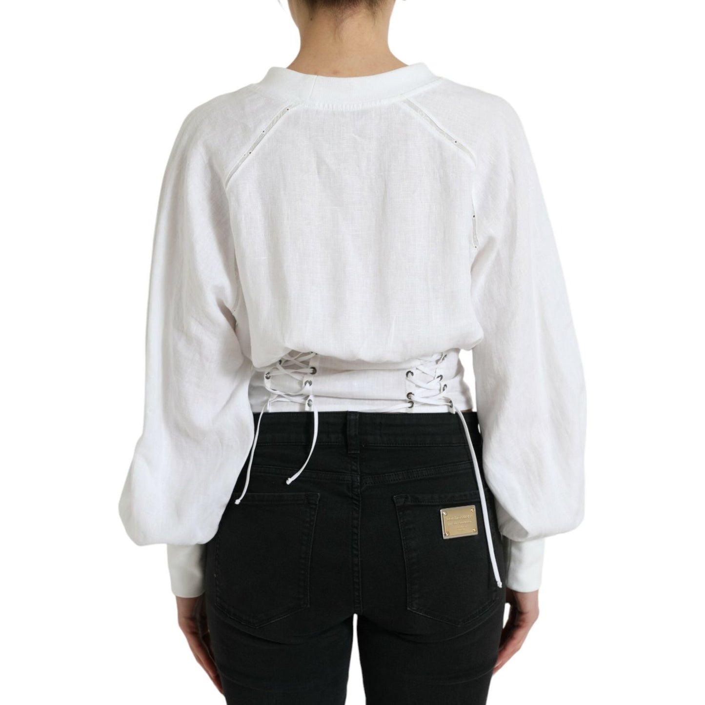 Dolce & Gabbana | Elegant White Lace-Up Corset Cropped Top| McRichard Designer Brands   