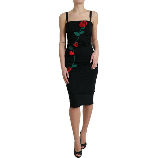 Dolce & Gabbana Elegant Floral Embroidery Wool Midi Dress black-roses-wool-sheath-bodycon-midi-dress