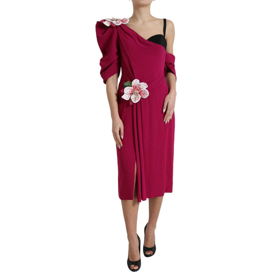 Dolce & Gabbana Elegant Purple Silk Midi Sheath Dress purple-flower-embellished-one-shoulder-dress