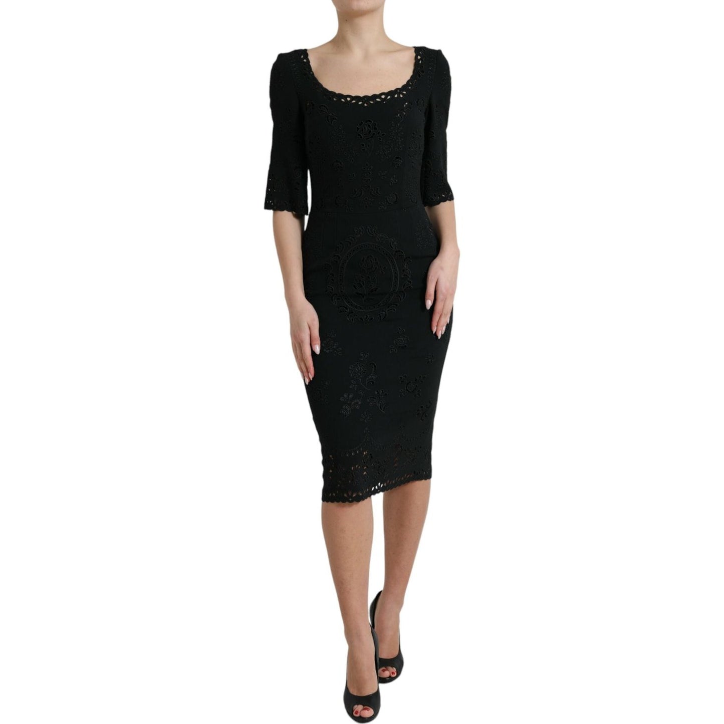 Dolce & Gabbana Black Floral Lace Bodycon Midi Dress black-floral-lace-viscose-bodycon-midi-dress