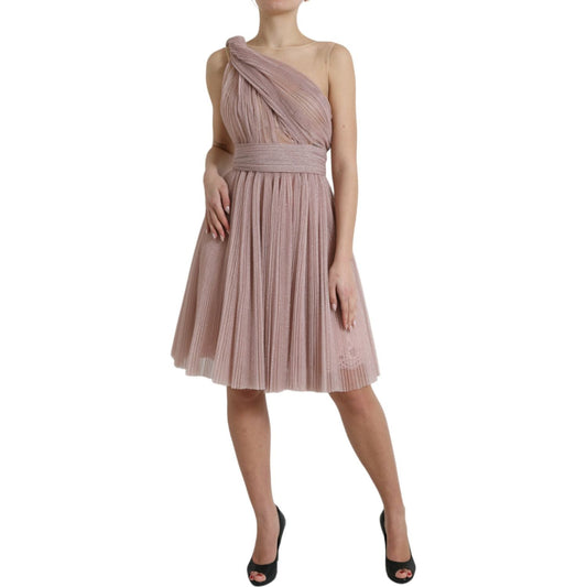 Dolce & Gabbana Elegant Asymmetrical Pink Tulle Dress pink-one-shoulder-pleated-lame-tulle-dress