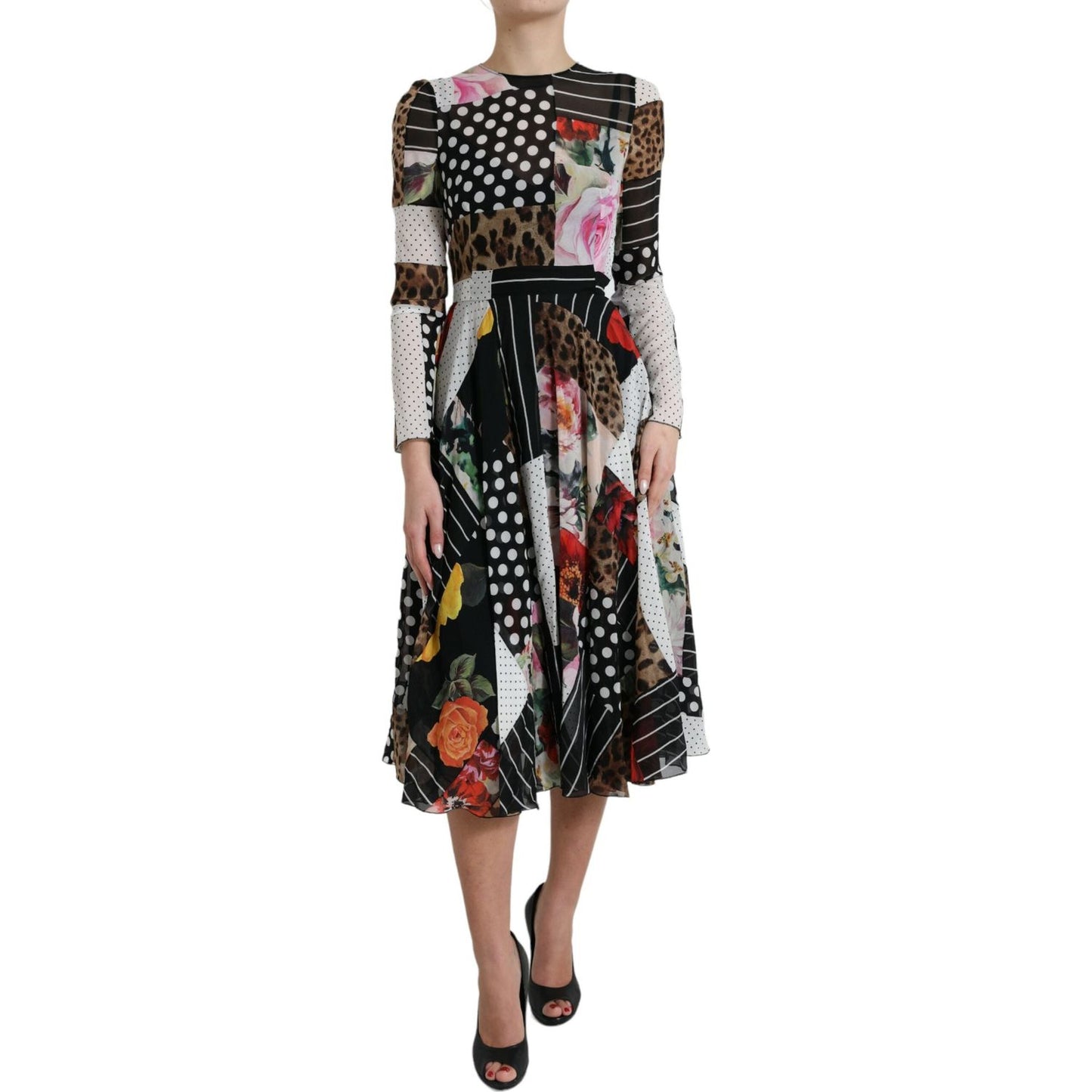 Dolce & Gabbana Elegant Patchwork Silk Midi A-Line Dress elegant-patchwork-silk-midi-a-line-dress