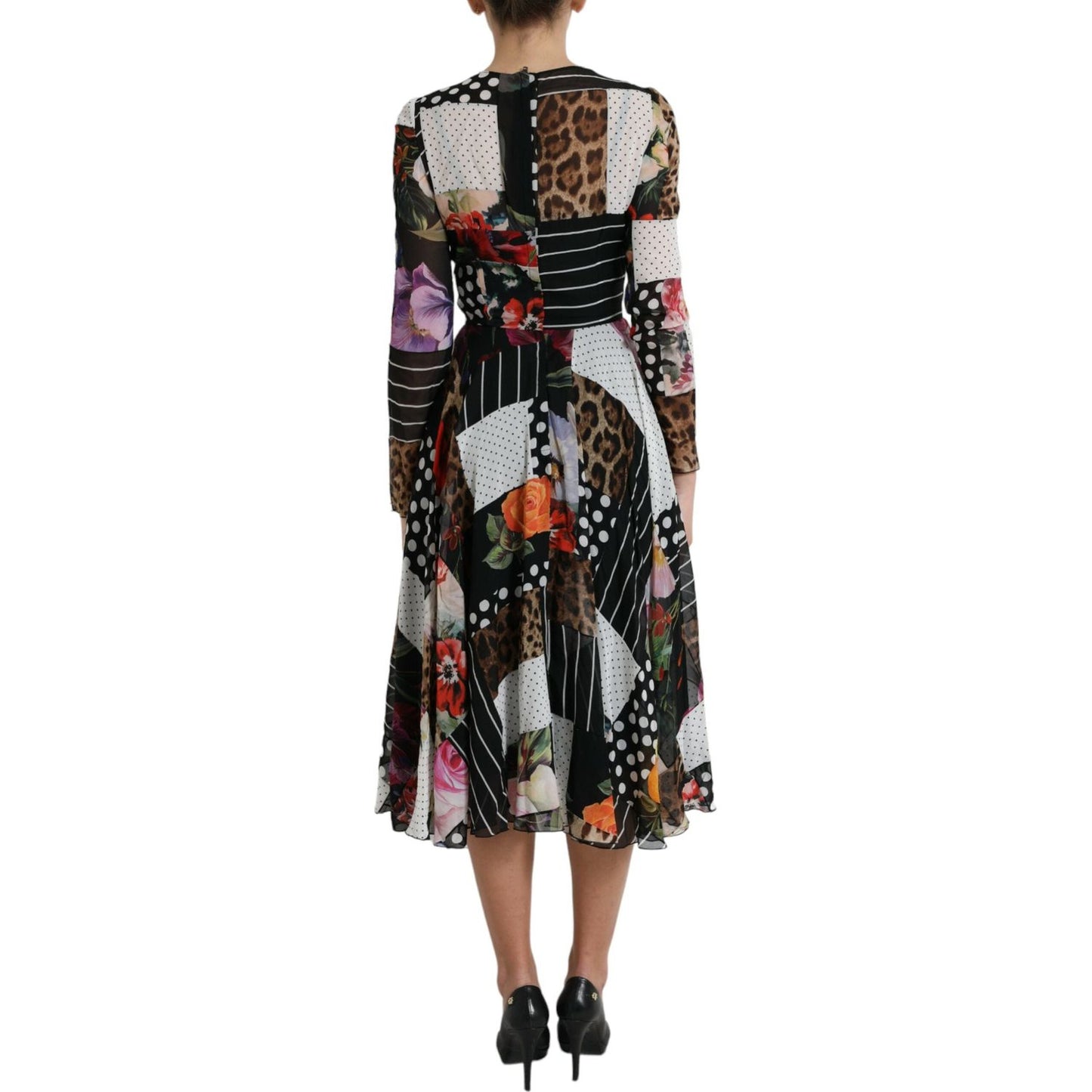 Dolce & Gabbana | Elegant Patchwork Silk Midi A-Line Dress| McRichard Designer Brands   