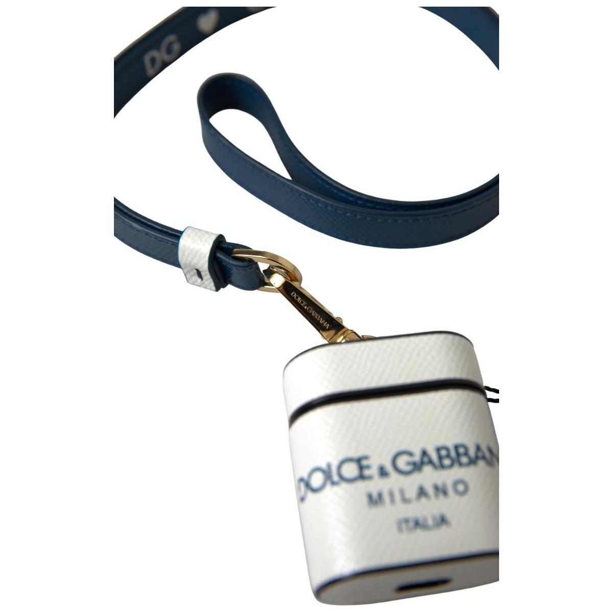 Dolce & Gabbana Elegant Leather Airpods Case in White & Blue white-blue-calf-leather-logo-print-strap-airpods-case