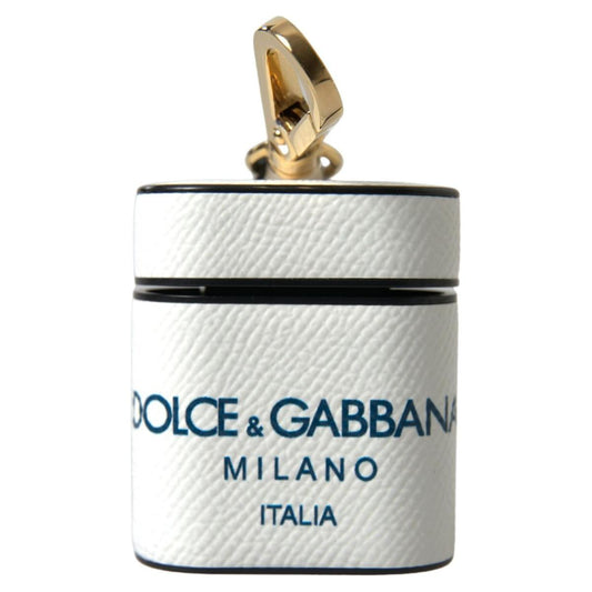 Dolce & Gabbana Elegant Leather Airpods Case in White & Blue white-blue-calf-leather-logo-print-strap-airpods-case