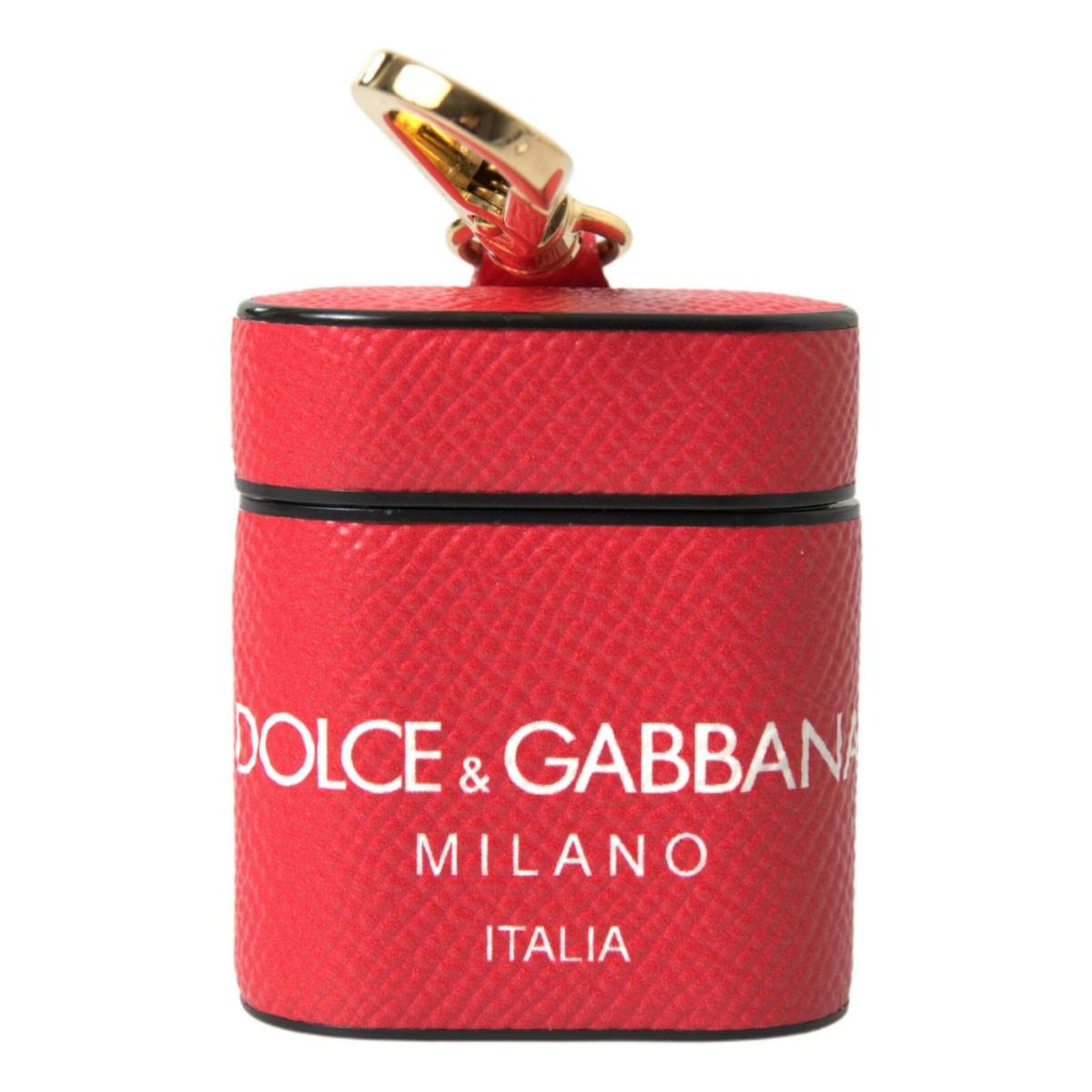 Dolce & Gabbana Elegant Red Calf Leather Airpods Case red-leather-gold-tone-metal-logo-print-strap-airpods-case