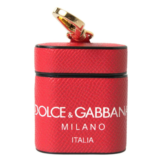 Dolce & Gabbana Elegant Red Calf Leather Airpods Case red-leather-gold-tone-metal-logo-print-strap-airpods-case