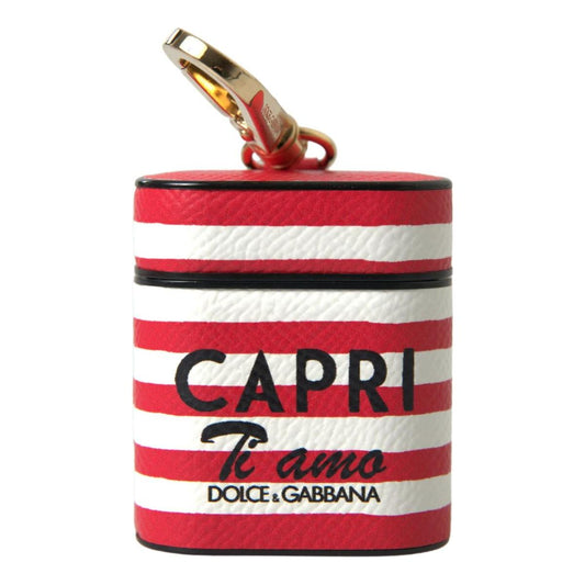 Dolce & Gabbana Elegant Red Leather Airpods Case red-stripe-dauphine-leather-logo-print-strap-airpod-case