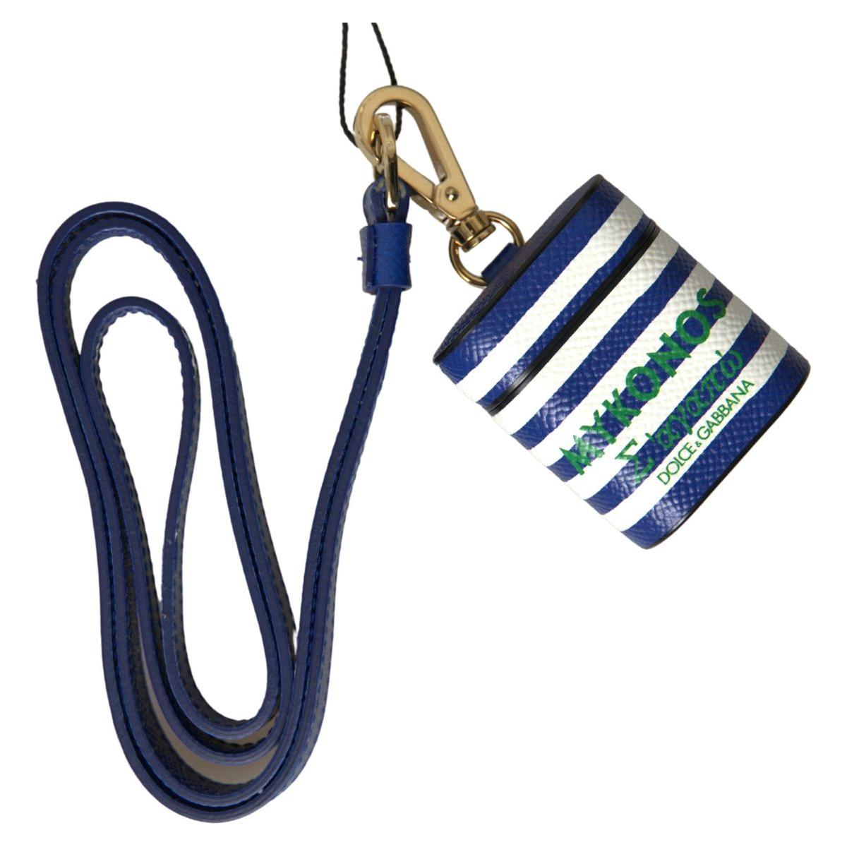 Dolce & Gabbana Chic Blue Striped Leather Airpods Case blue-stripe-dauphine-leather-logo-print-strap-airpod-case