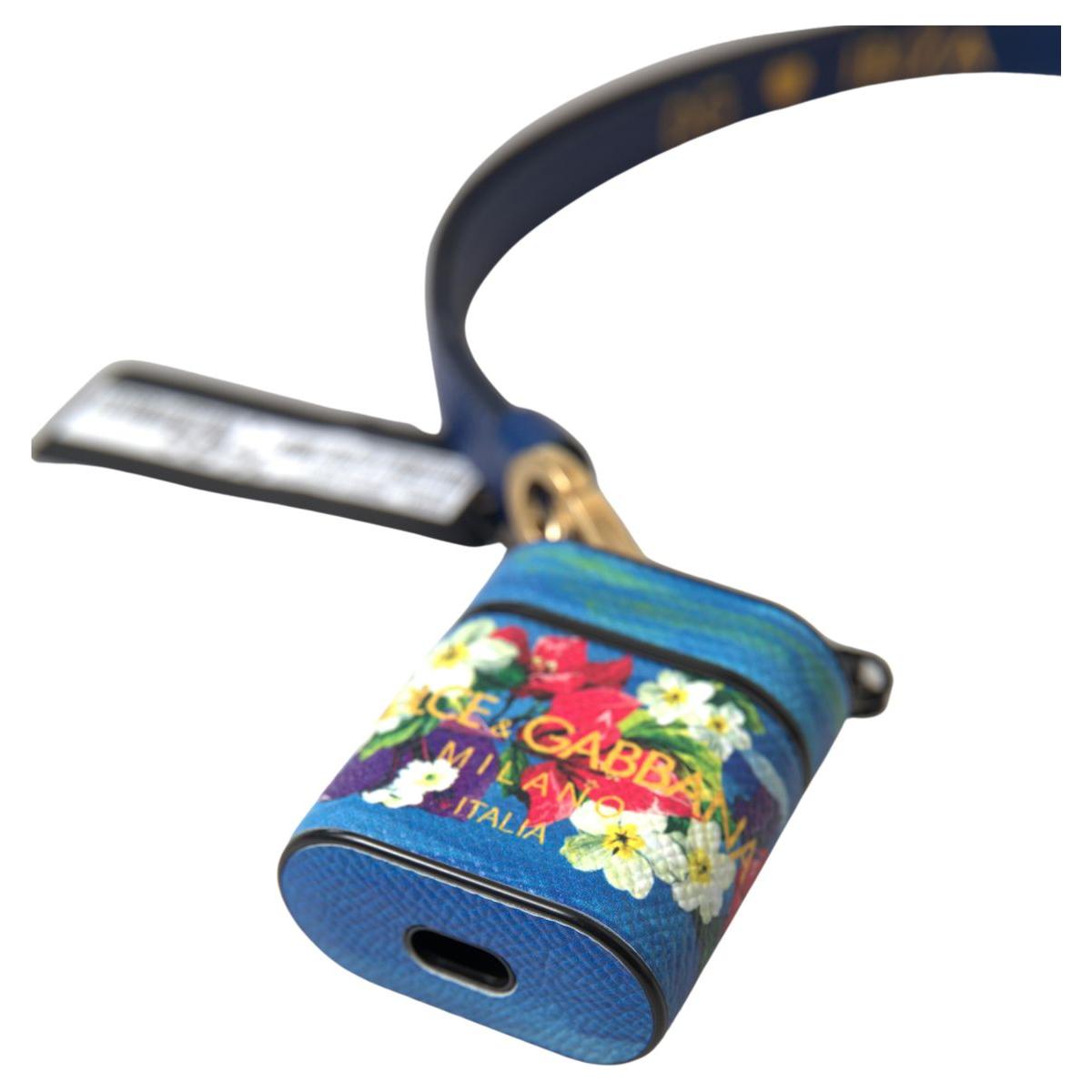 Dolce & Gabbana Chic Blue Floral Leather Airpods Case blue-floral-dauphine-leather-logo-printed-airpods-case