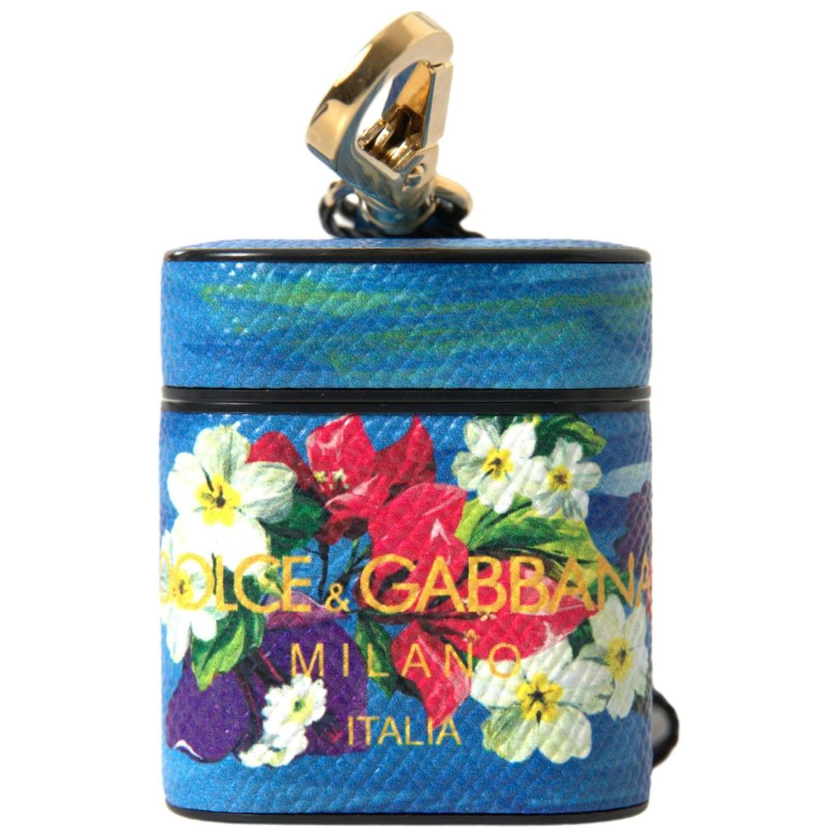 Dolce & Gabbana Chic Blue Floral Leather Airpods Case blue-floral-dauphine-leather-logo-printed-airpods-case