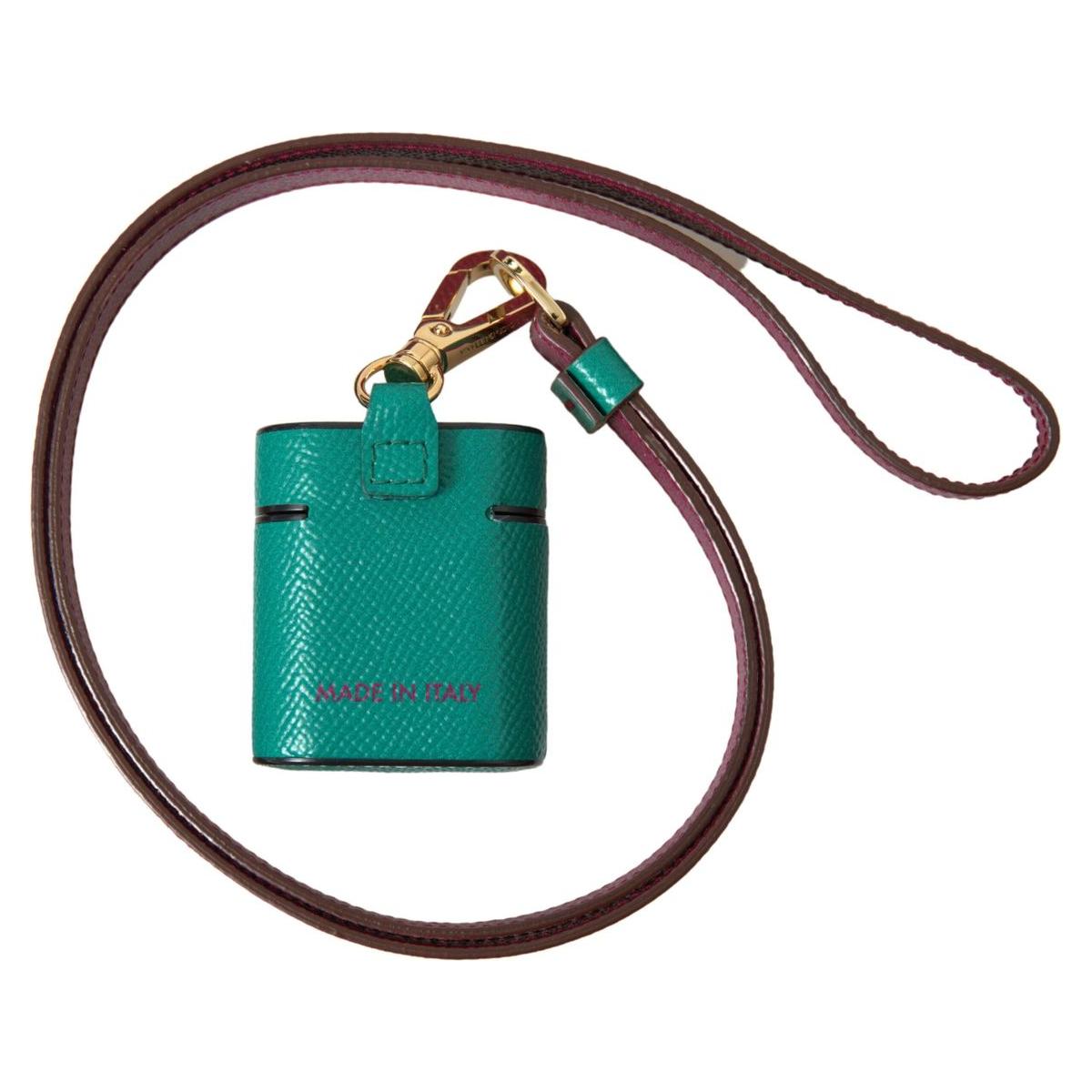 Dolce & Gabbana Elegant Leather Airpods Case in Green and Maroon green-maroon-calf-leather-logo-print-strap-airpods-case