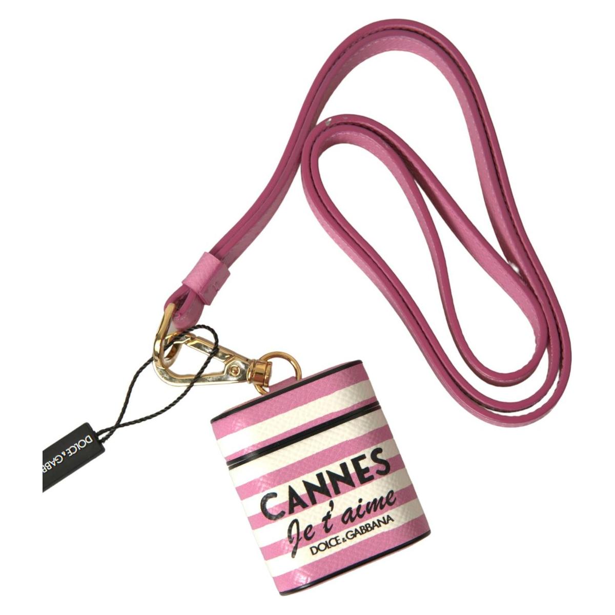 Dolce & Gabbana Chic Pink Stripe Leather Airpods Case pink-stripe-dauphine-leather-logo-print-strap-airpod-case