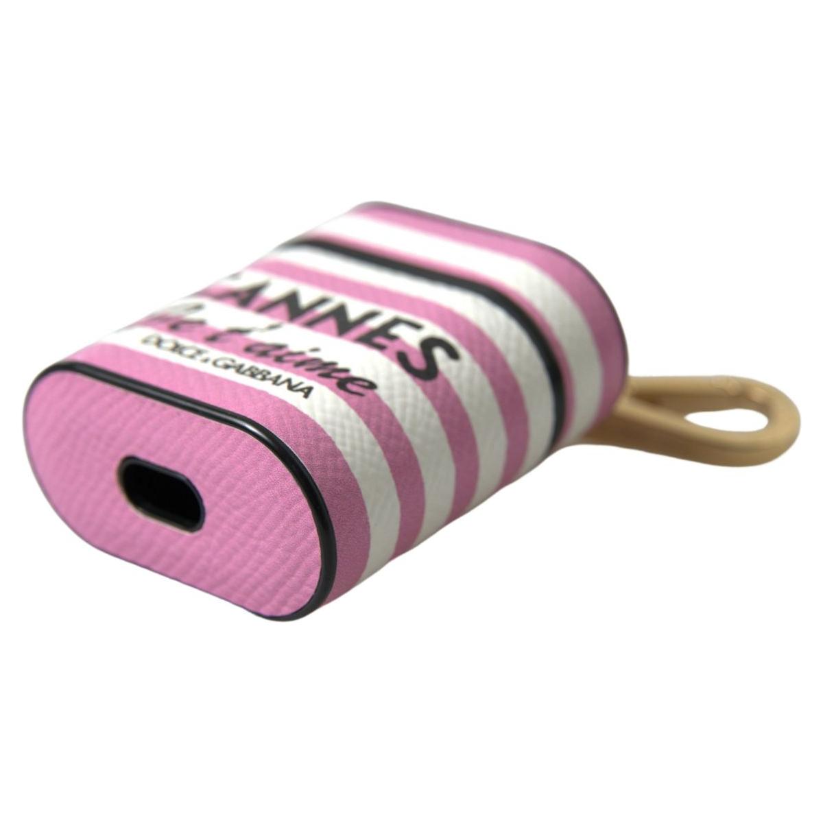 Dolce & Gabbana Chic Pink Stripe Leather Airpods Case pink-stripe-dauphine-leather-logo-print-strap-airpod-case