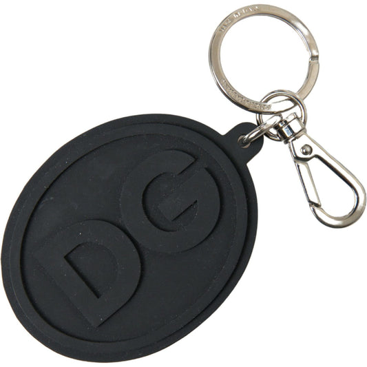 Dolce & Gabbana Elegant Black Rubber and Brass Keychain black-rubber-dg-logo-silver-brass-metal-keychain-1