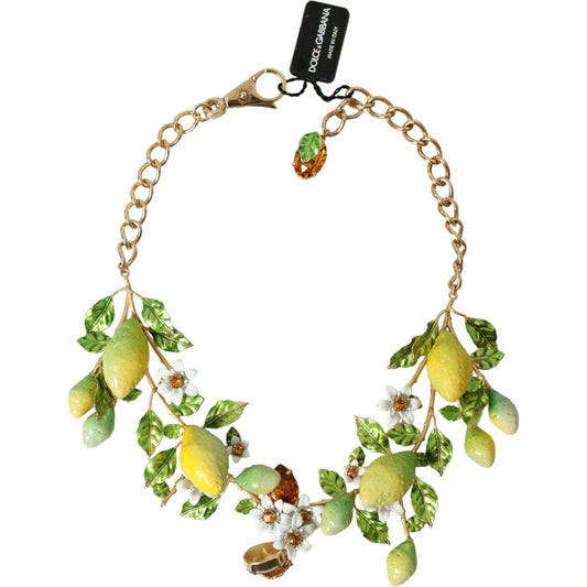 Dolce & Gabbana Gold Brass Chain Crystal Lemon Lily Pendant Necklace gold-brass-chain-crystal-lemon-lily-pendant-necklace