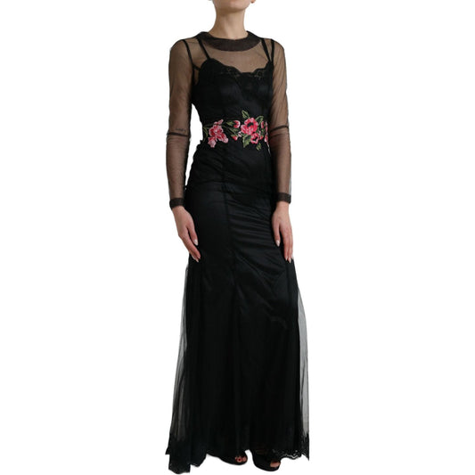 Dolce & Gabbana Floral Embroidery Tulle Long Evening Dress black-floral-embroidery-mesh-tulle-gown-dress