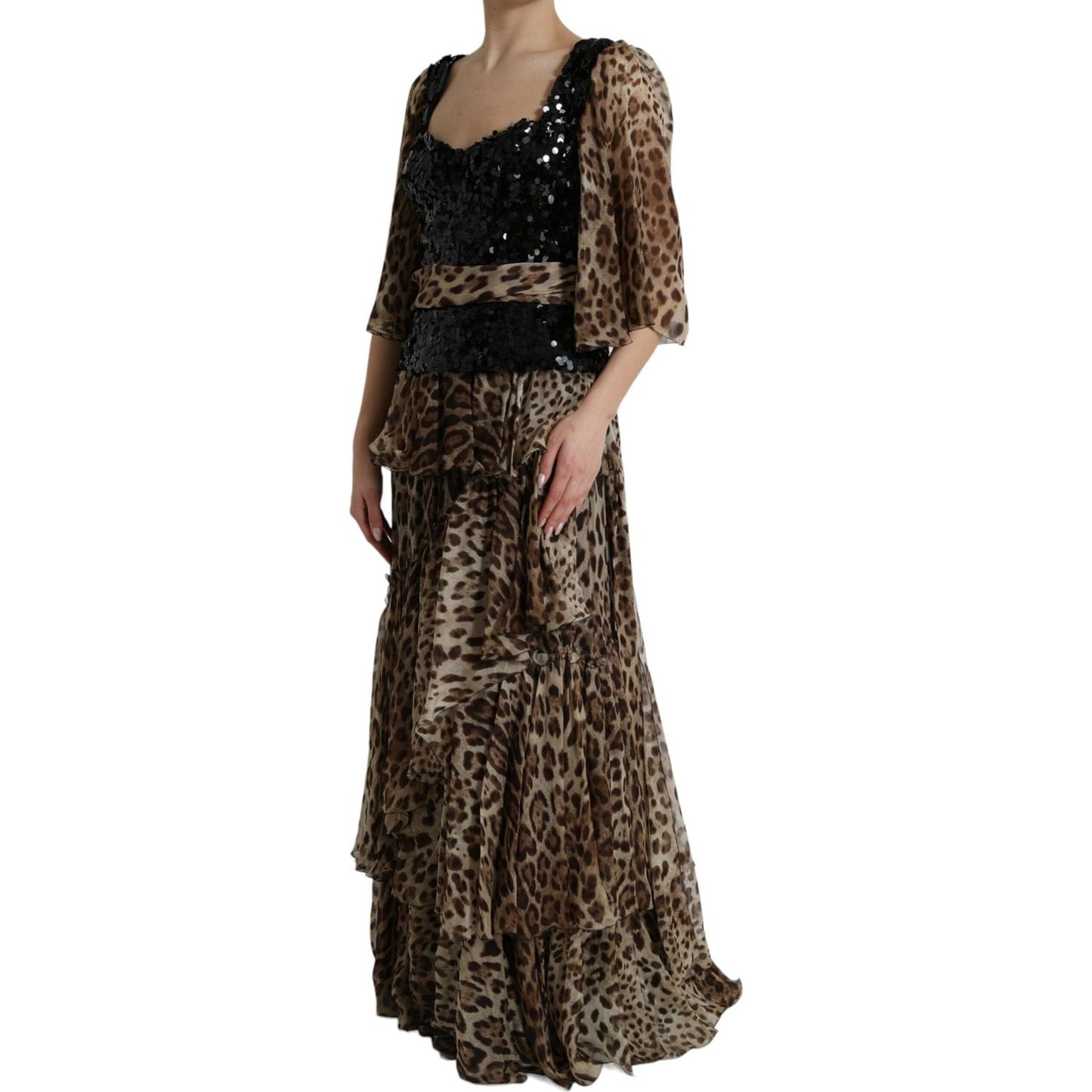 Dolce & Gabbana Elegant Leopard Sequin Tiered Dress brown-leopard-sequined-tiered-long-gown-dress