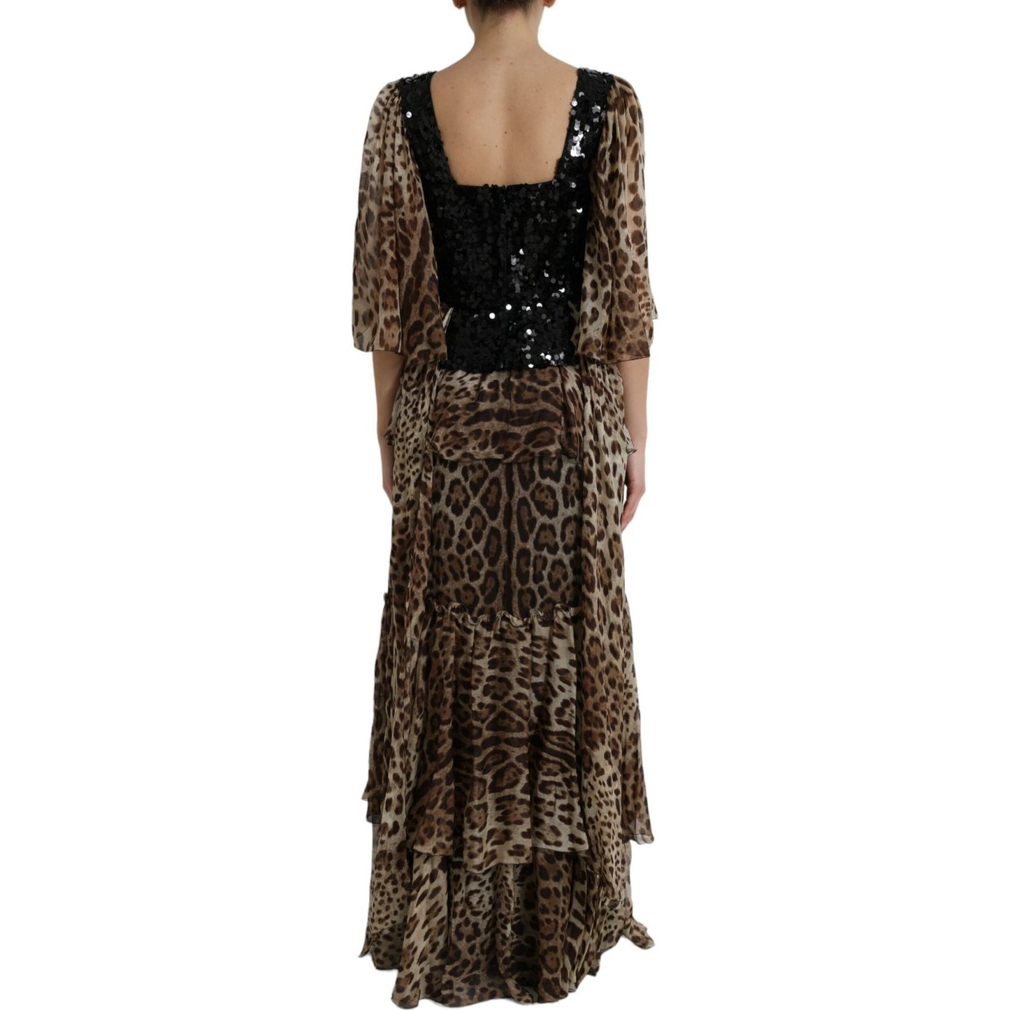 Dolce & Gabbana Elegant Leopard Sequin Tiered Dress brown-leopard-sequined-tiered-long-gown-dress