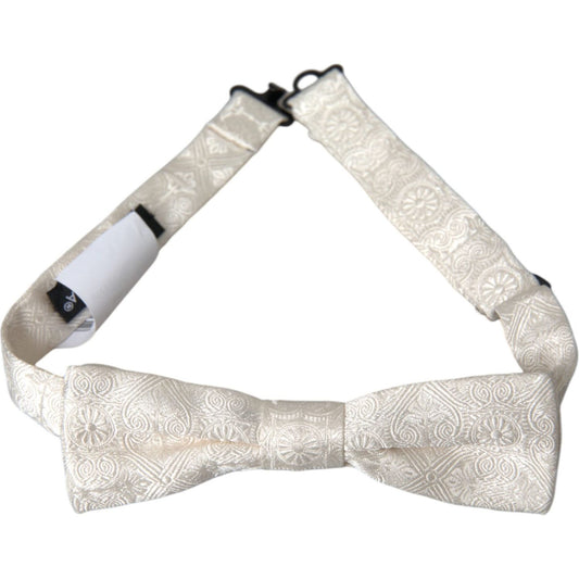 White Floral Brocade Adjustable Neck Men Bow Tie