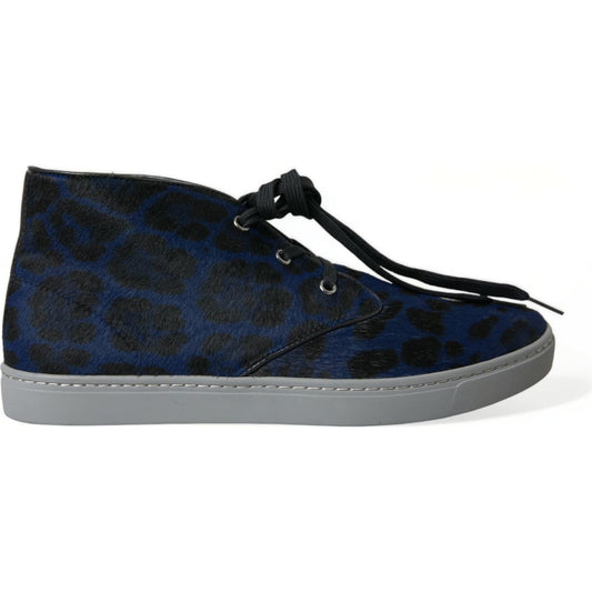 Dolce & Gabbana | Blue Calfskin Leopard Mid Top Sneakers Shoes| McRichard Designer Brands   