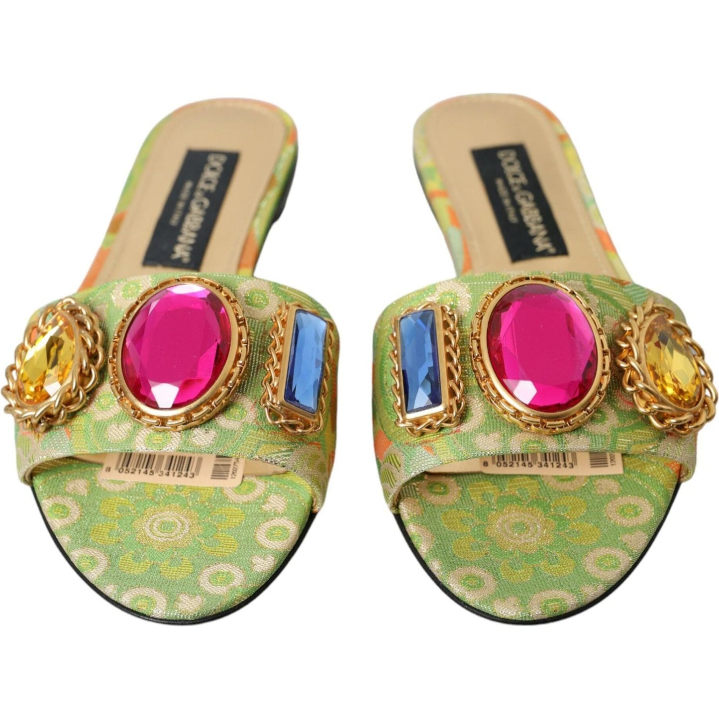 Dolce & Gabbana Green Crystal Jacquard Flats Sandals Shoes green-crystal-jacquard-flats-sandals-shoes