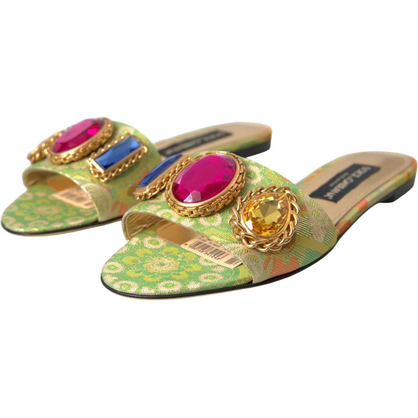 Dolce & Gabbana Green Crystal Jacquard Flats Sandals Shoes green-crystal-jacquard-flats-sandals-shoes