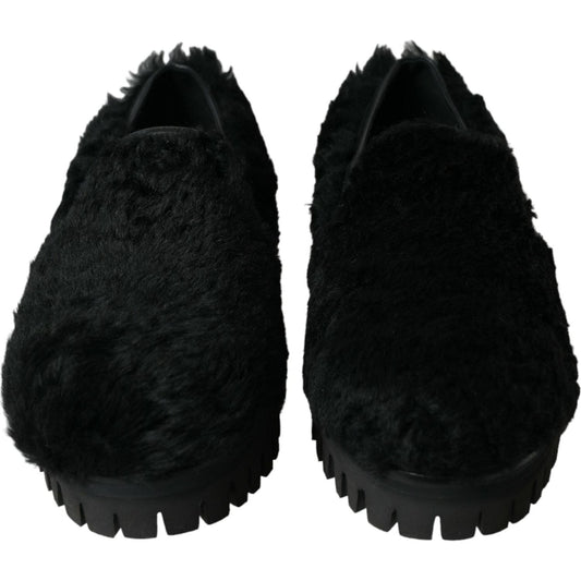 Dolce & Gabbana | Elegant Black Fur Slip On Loafers for Men| McRichard Designer Brands   