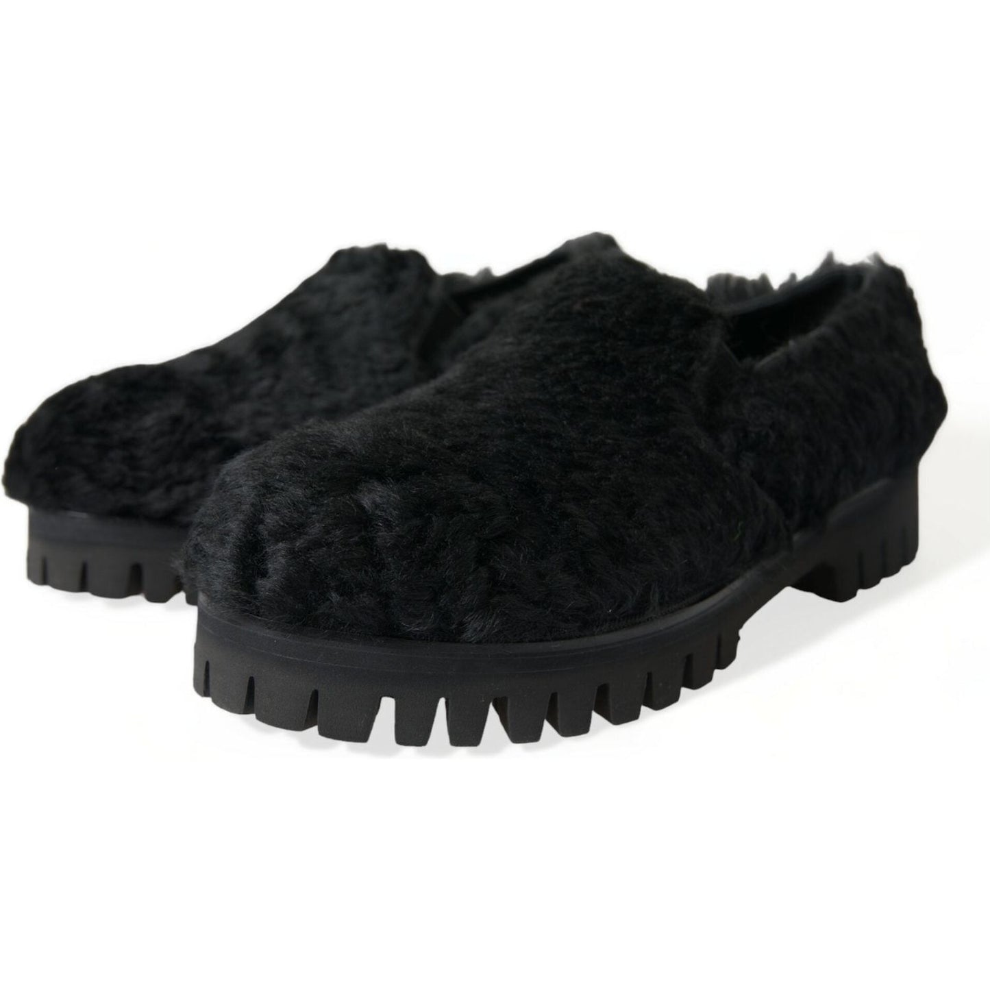 Dolce & Gabbana Elegant Black Fur Slip On Loafers for Men black-fur-leather-slippers-dress-shoes