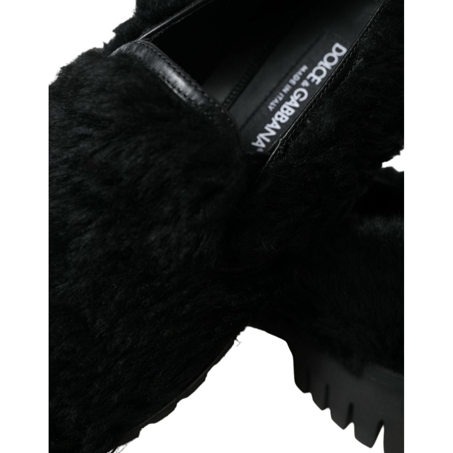 Dolce & Gabbana Elegant Black Fur Slip On Loafers for Men black-fur-leather-slippers-dress-shoes