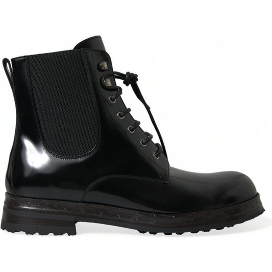 Dolce & Gabbana Elegant Black Leather Mid Calf Men's Boots black-leather-lace-up-mid-calf-boots-shoes