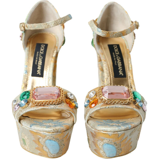Dolce & Gabbana | Gold Floral Jacquard Crystal Sandals Shoes| McRichard Designer Brands   