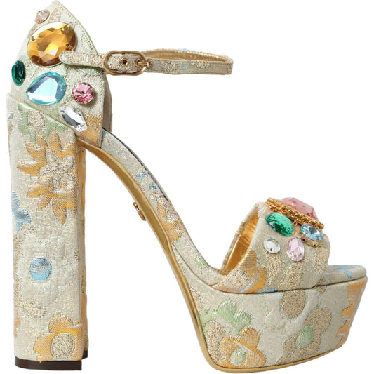 Dolce & Gabbana Gold Floral Jacquard Crystal Sandals Shoes gold-floral-jacquard-crystal-sandals-shoes