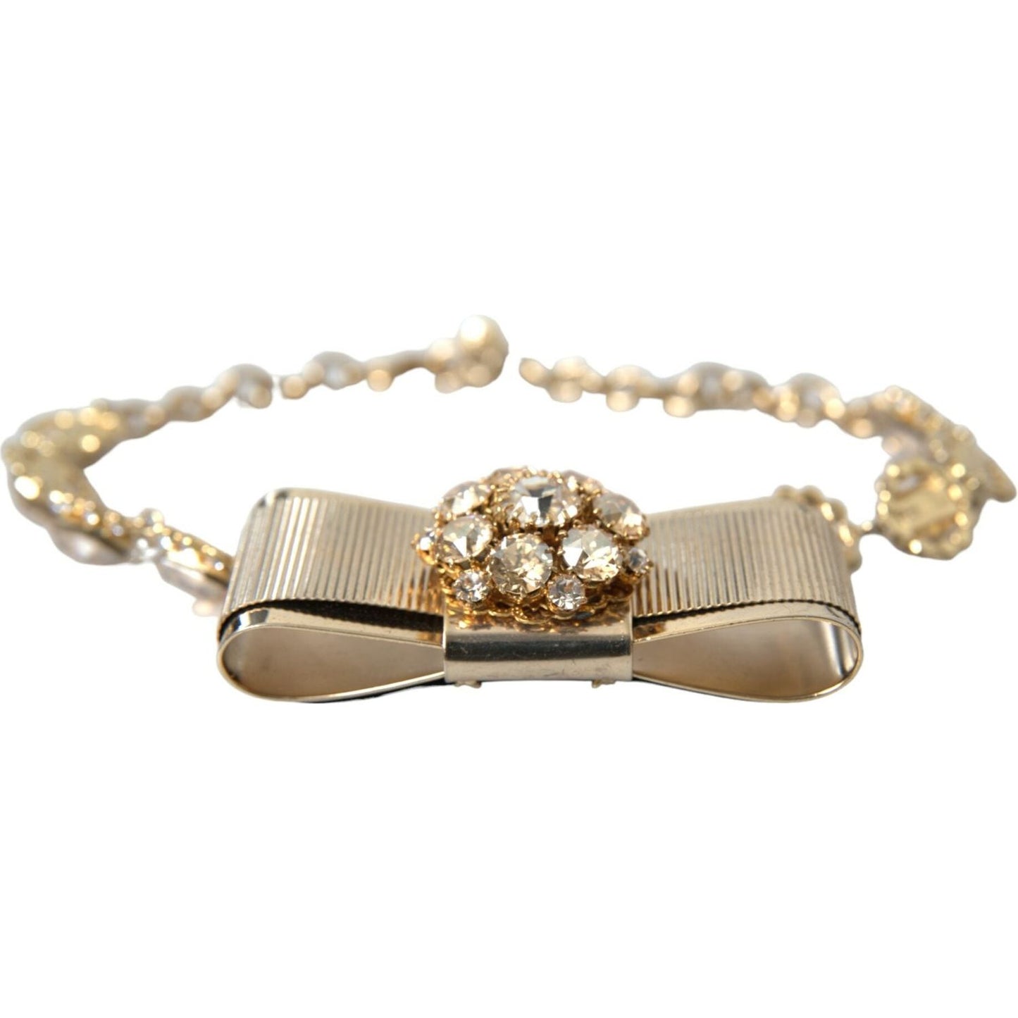 Dolce & Gabbana Gold Brass Clear Crystal Bow Chain Choker Necklace gold-brass-clear-crystal-bow-chain-choker-necklace