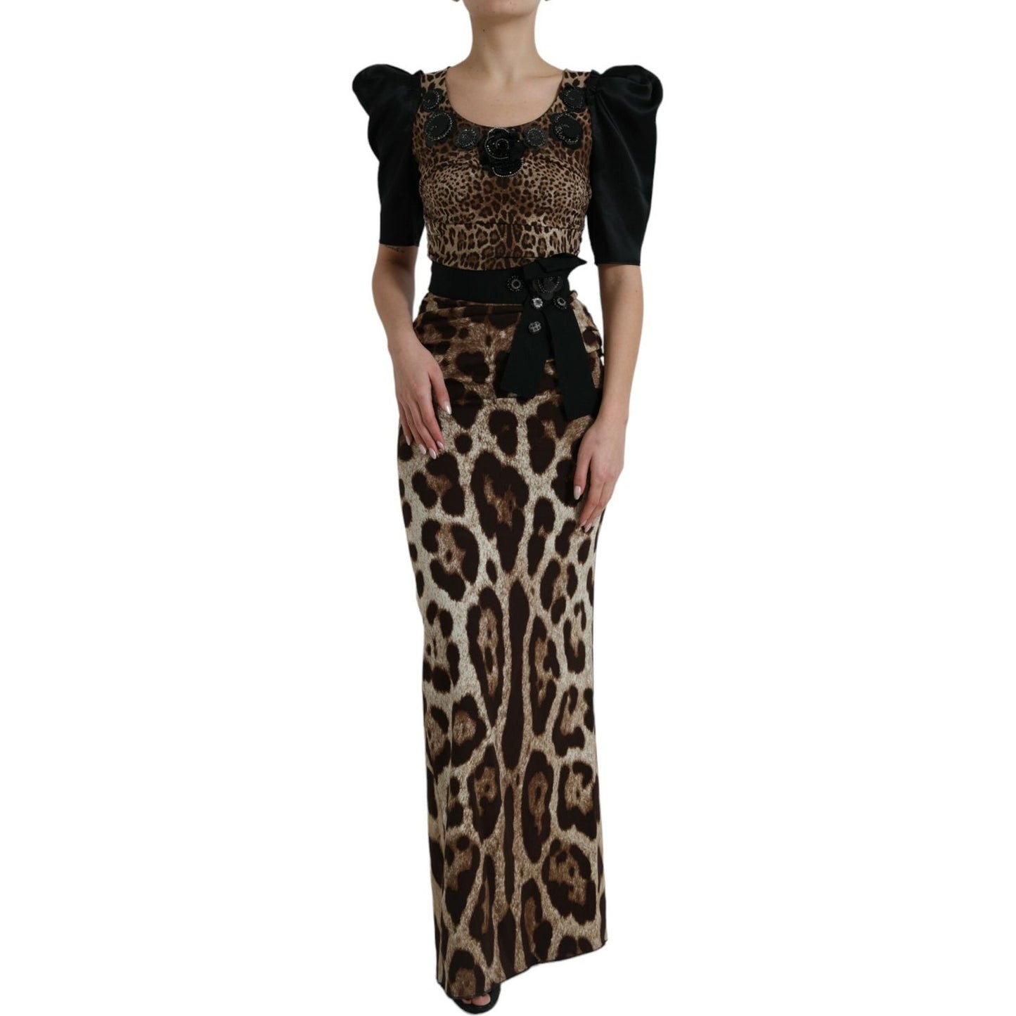 Dolce & Gabbana Silk Leopard Embellished Long Dress black-brown-leopard-embellished-sheath-gown-dress