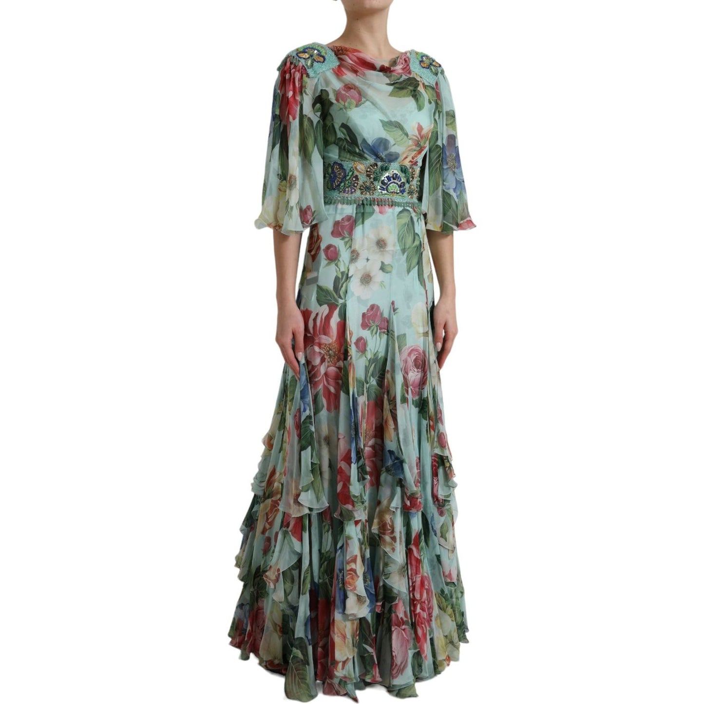 Dolce & Gabbana Elegant Floral Silk Long Dress blue-floral-print-tiered-long-maxi-dress