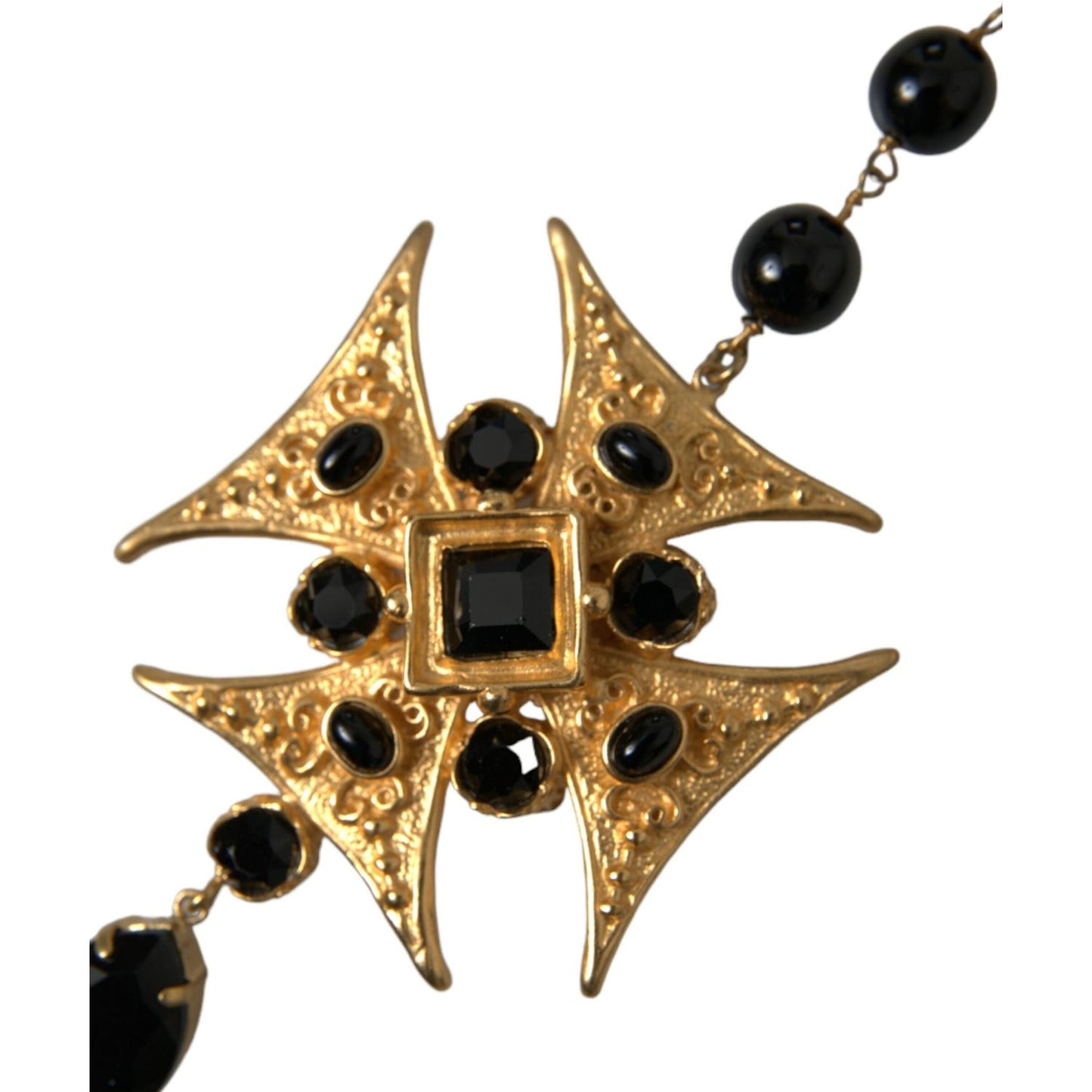 Dolce & Gabbana Gold Tone Brass Cross Black Beaded Chain Rosary Necklace gold-tone-brass-cross-black-beaded-chain-rosary-necklace