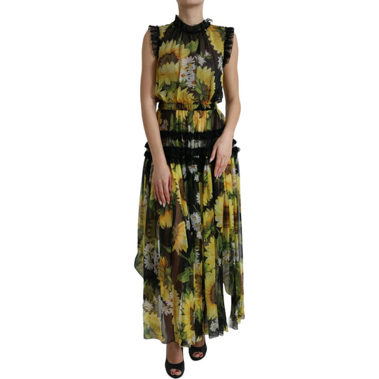 Dolce & Gabbana Elegant Sunflower Silk Maxi Dress black-sunflower-a-line-pleated-maxi-dress
