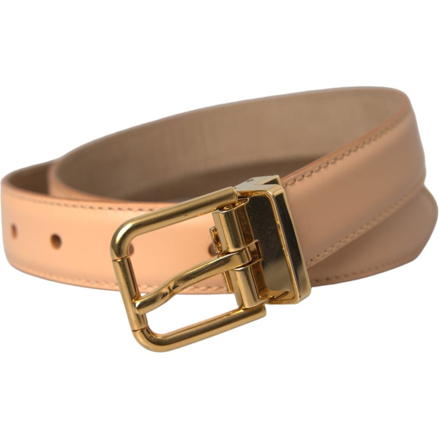 Beige Calfskin Leather Gold Metal Buckle Belt