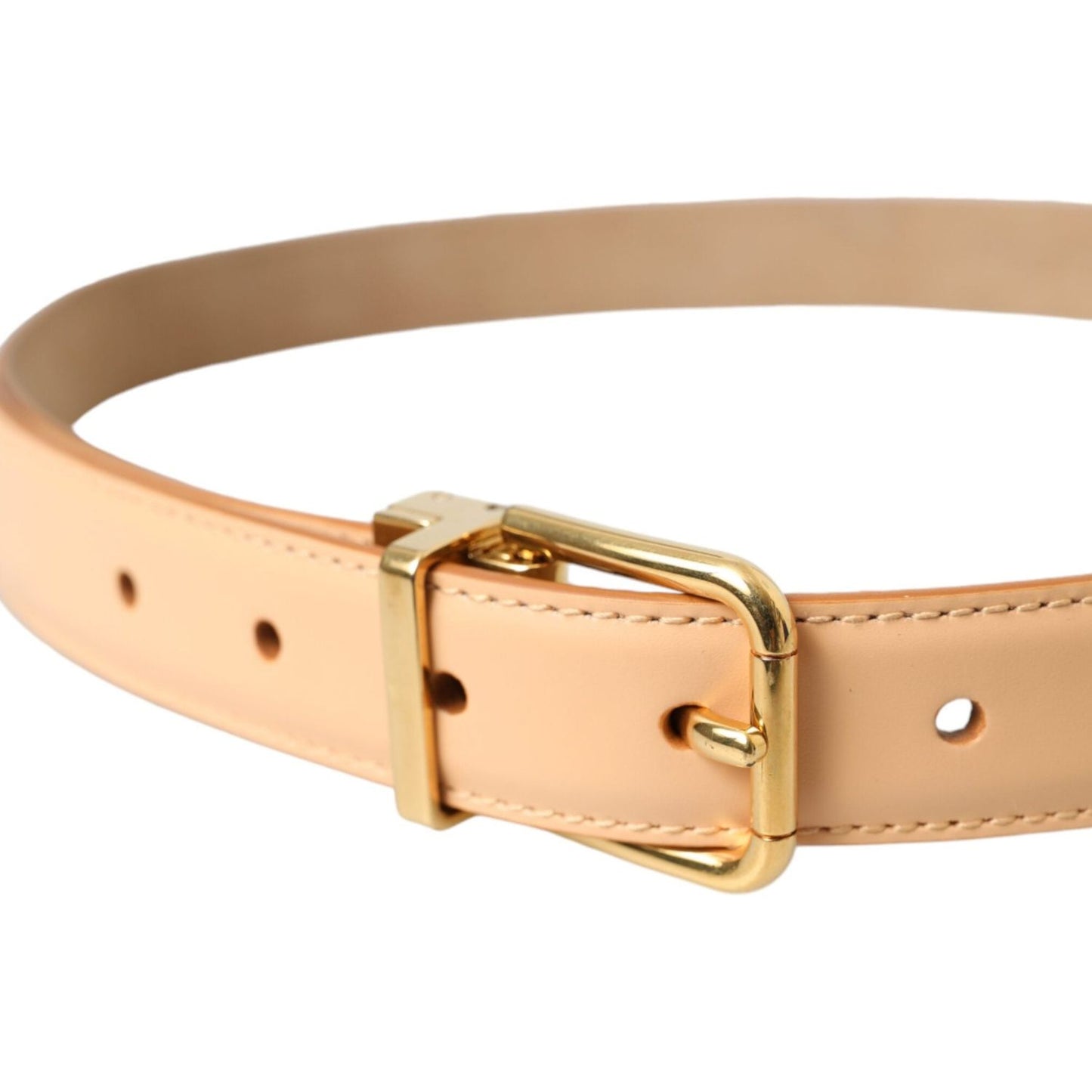 Beige Calfskin Leather Gold Metal Buckle Belt