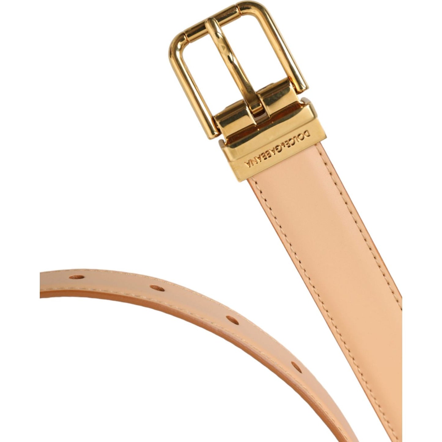 Beige Calfskin Leather Gold Metal Buckle Belt