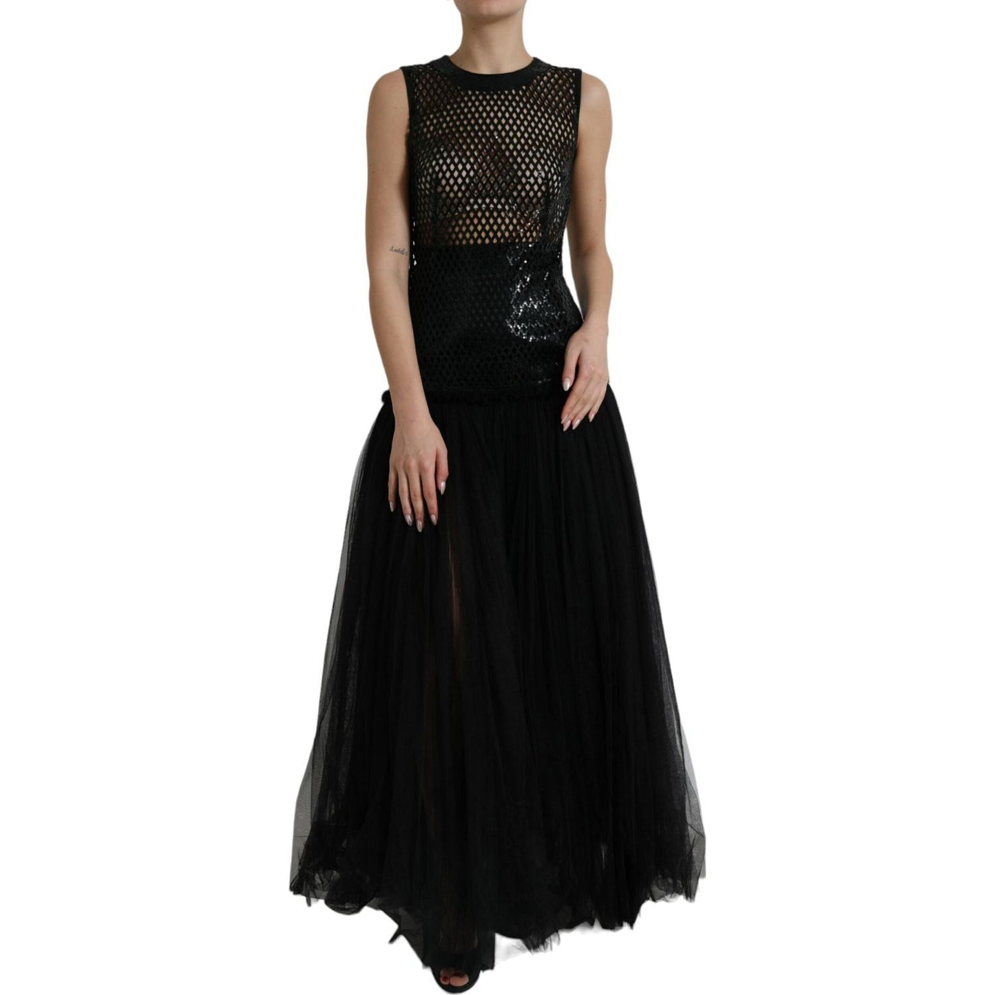 Dolce & Gabbana Elegant Black Sequined Evening Dress black-sequined-sleeveless-mesh-layered-gown-dress